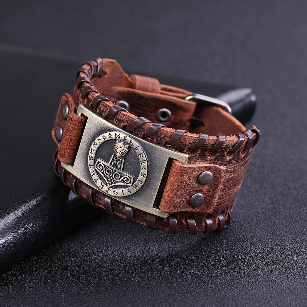 LIKGREAT Viking широкий кожаный браслет для мужчин Молот Тора топор амулет, браслет в винтажном стиле скандинавские украшения руны аксессуары