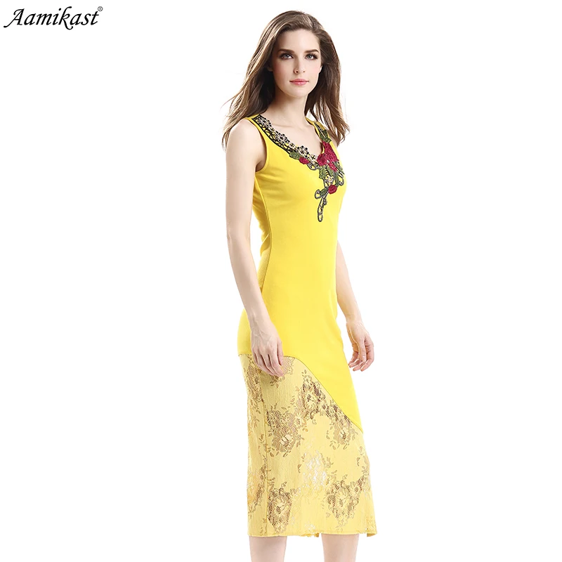 

Aamikast Womens Embroidery Elegant Lace Vintage Dress Irregular V Neck Patchwork Checks Zipper Pencil Fit Dress