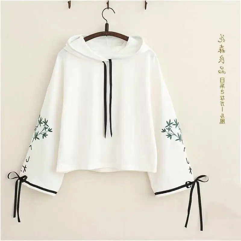  Mori girl Japanese Autumn Sweatshirt New embroidery cherry bow flare sleeves hooded women bts short