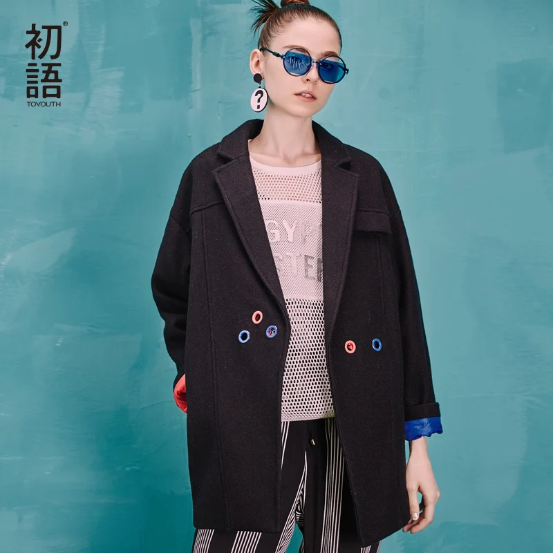 Toyouth 2018 Autumn Winter New Blends Women Turn-Down Collar Medium Long Color Contrast Fashion Wool Outwears