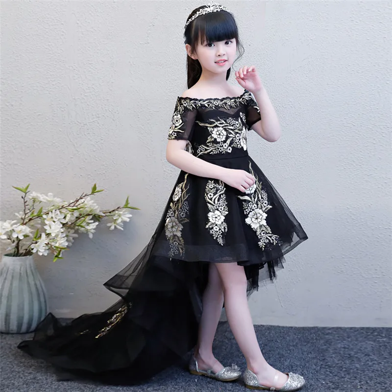 

2018 New Luxury Children Girls Embroidery Flowers Princess Dresses For Party&wedding3~14 years Kids Black Model Show Tail Dress