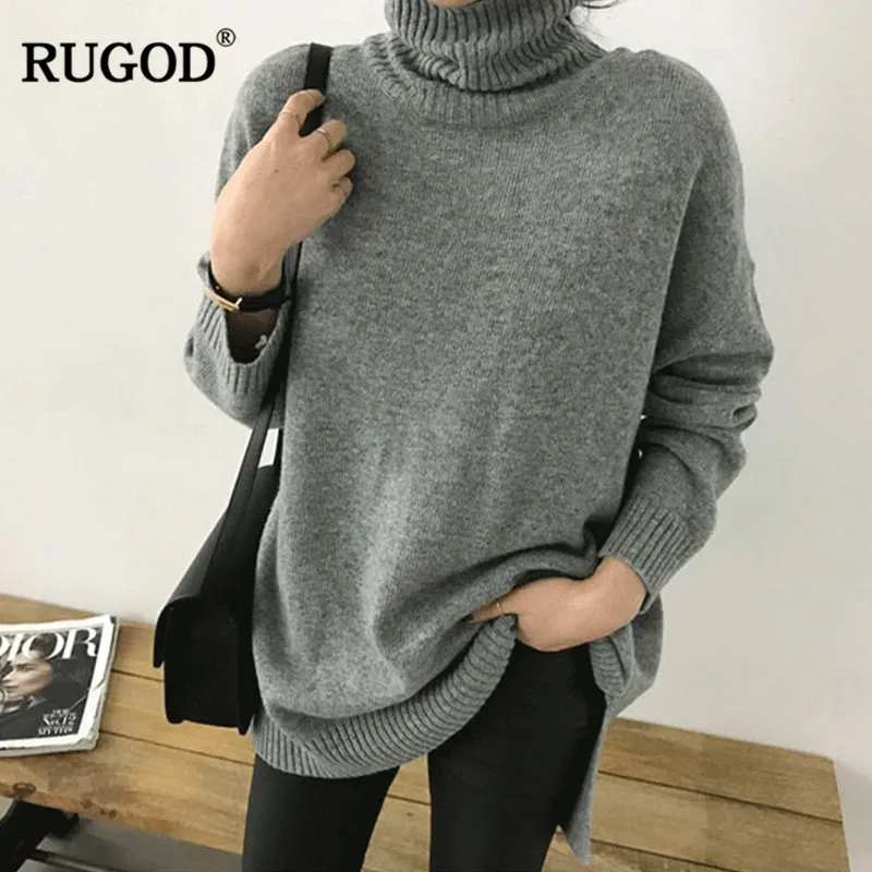 Женский свитер с высоким воротом RUGOD Свободный Длинный трикотажный 2019 | Женская