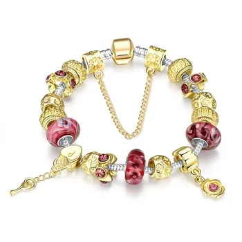 1Pcs Trendy Snake Chain Charm Bead Bracelet With Pink Glass Gold Beads Flower Key Dangle For Girls And Women Christmas Day Gift
