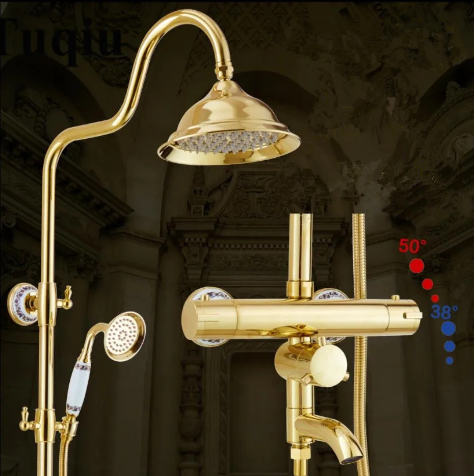 

Shower Faucet Thermostatic Shower Faucet Set Gold Bathroom Rainfall Shower Set With Mixer Tap Wall Mounted Bath & Shower Faucet