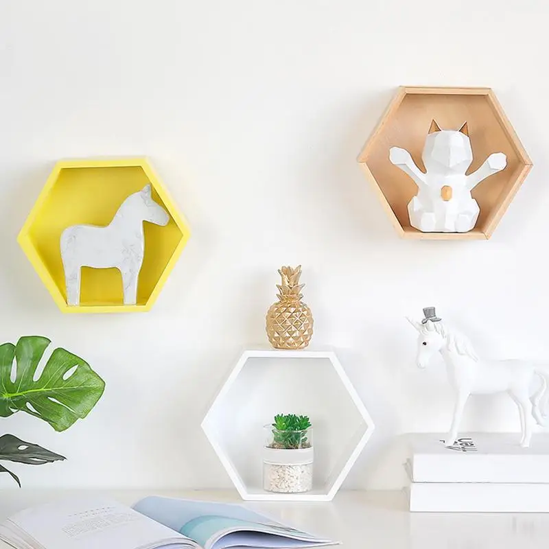 

Home Decoration Solid Wood Wall Shelf Creative Home Bathroom Wall Hexagonal Storage Organizer Containers Without Decorations