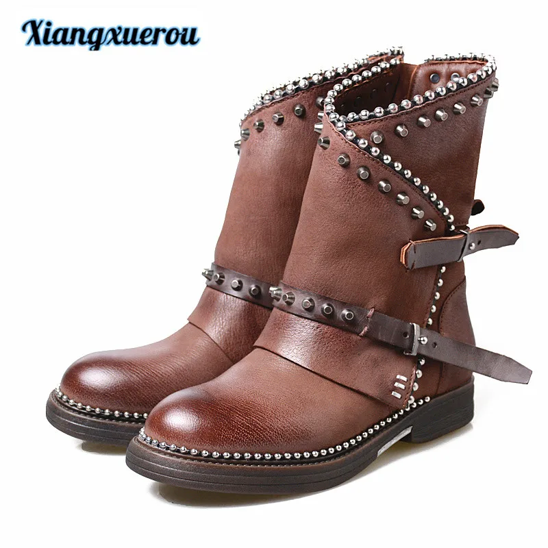 

Xiangxuerou 2018 winter manual shoes rivet low-heel sheepskin leather belt buckles retro mid-tube rider boots