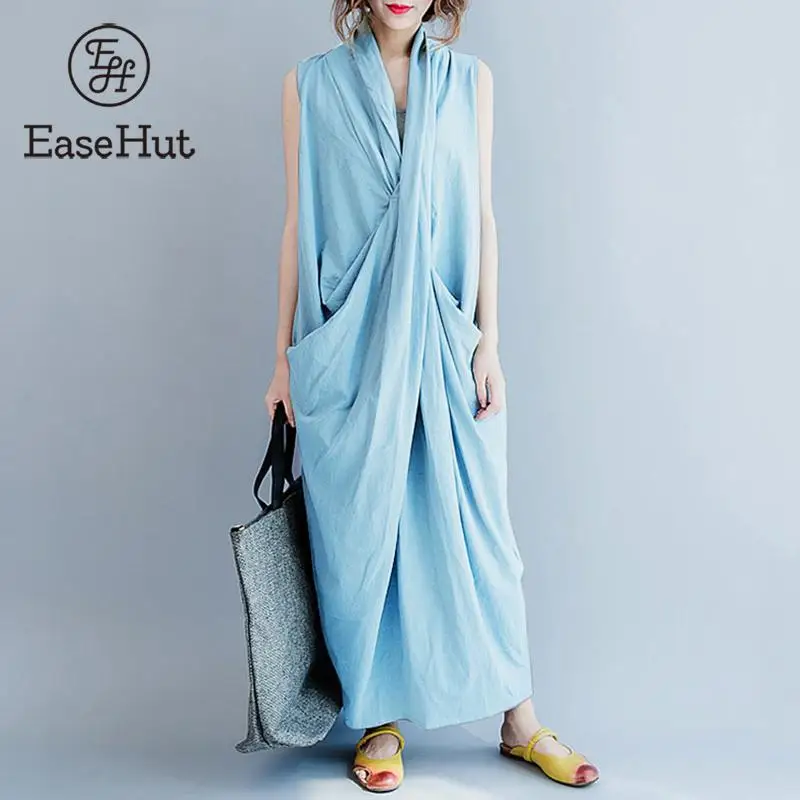 

EaseHut Sleeveless Cross Maxi Long Dress Robe Blue Black Casual Pockets Baggy Cotton Vestidos 4XL 5XL Plus Size Dresses Woman