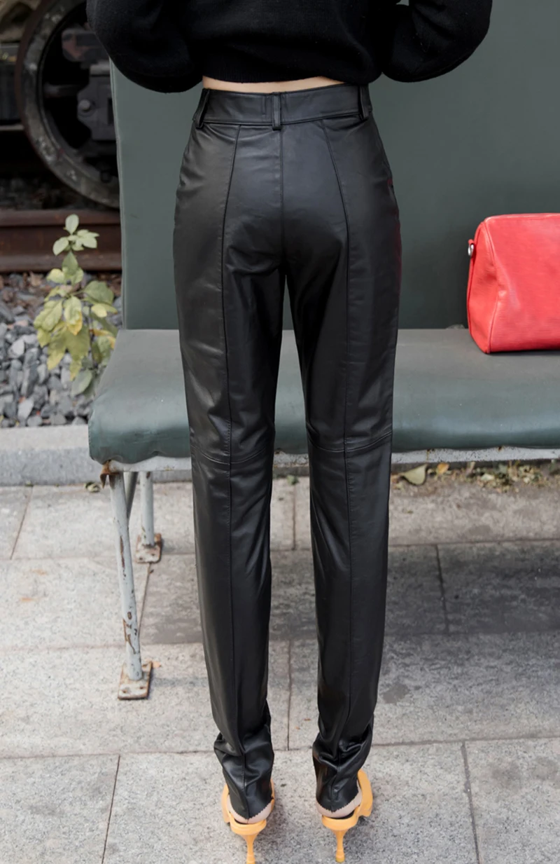 New Plus Size S-4XL Women Slim Real Leather Pants Buckle Quality Cowhide Motorcycle Trousers High Waist Full Length Pencil Pants