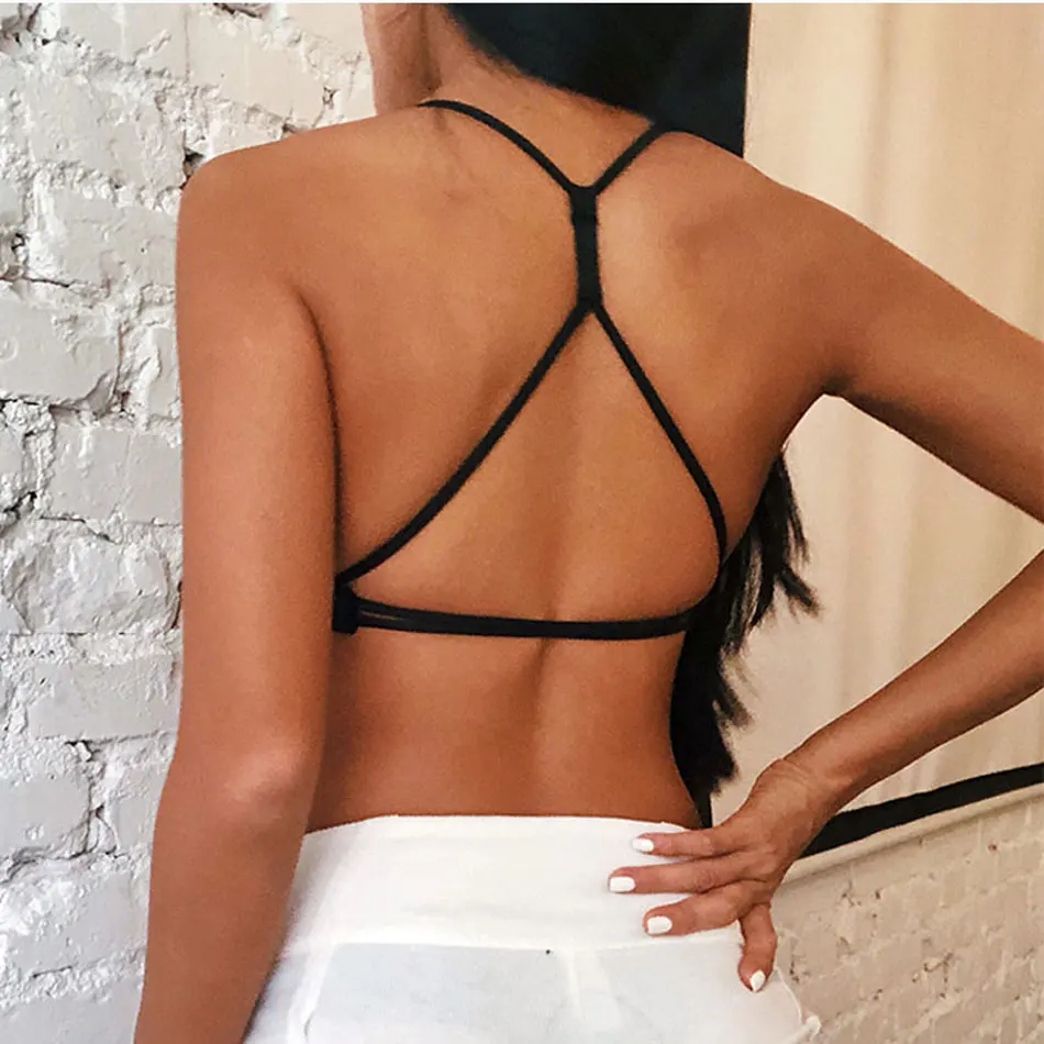 Women's backless strappy sports bra workout wirefree yoga bra sexy deep V gym bra medium support padded sport bra cross yoga top