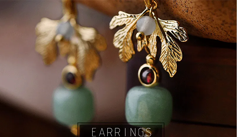 Yanting Vintage Earrings For Women Ethnic Earrings Female Gold Color Leaf Earings Fashion Jewelry Aventurine Stone Earring 032 (5)