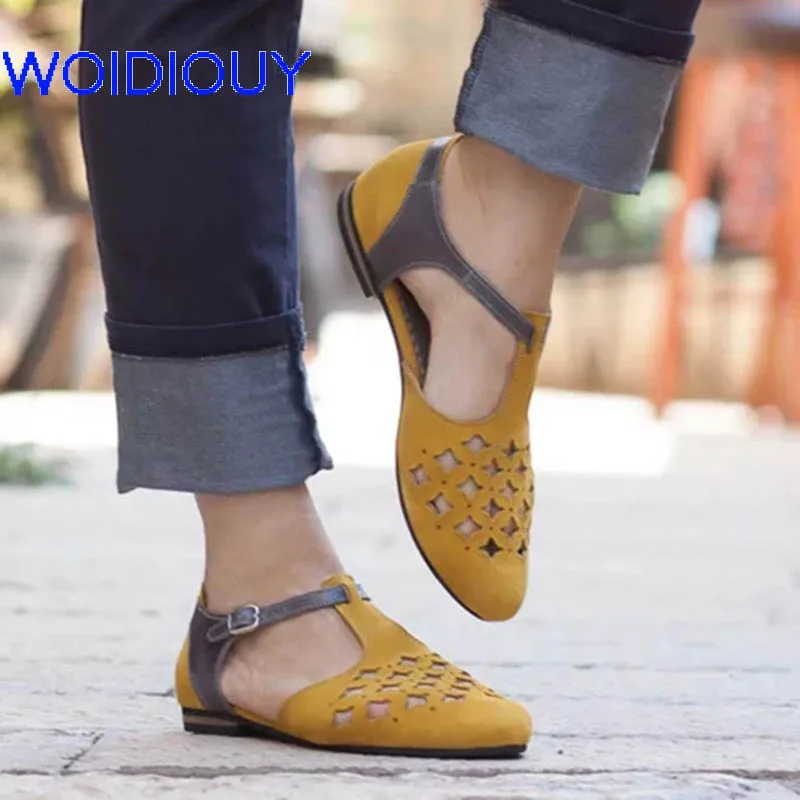 

Yellow Leather Sandals for Women Summer Hollow out T-Tired Sandals Gladiator Casual Rome Style Sandalias Cutout Shoes Girl Gifts
