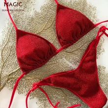 Красный комплект бикини, новинка, блестящий купальник из ткани, красный купальник из двух частей, женский топ с лямкой через шею, Одноцветный купальник, бикини, купальники, пляжная одежда