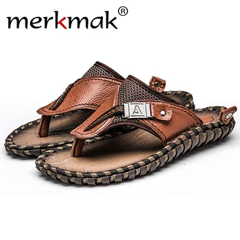 

Merkmak Men's Flip Flops Summer Beach Sandals Casual Genuine Leather Men Flats Slip-on Slipper Big Size 38-48 Breathable Shoes