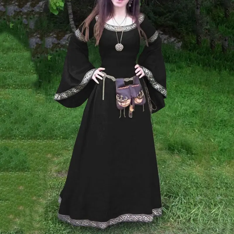 

Fall 2019 Gothic Elegant Chic Plus Size Vintage Women Long Dresses Casual Party Flare Sleeve Geometric Female Retro Maxi Dress
