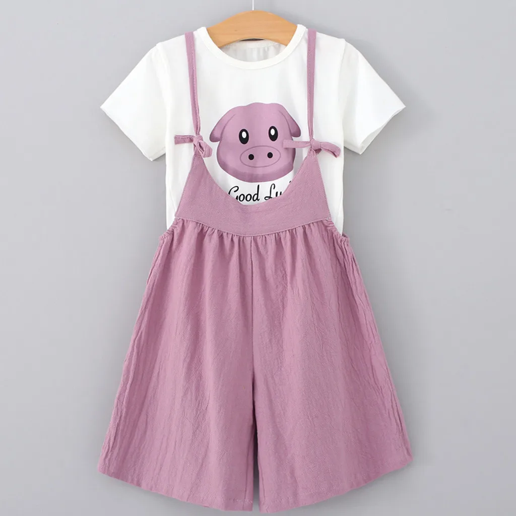 

Children Baby Kid Girl Outfits Clothes Cartoon Tops Letter T-shirt+Suspender Shorts Outfits Girls Set vetement enfant fille 2019