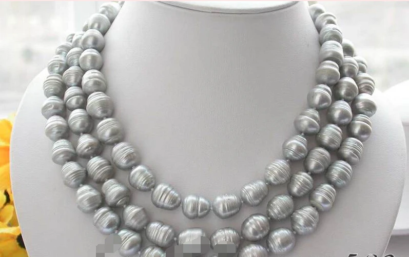 

Free shipping >>>>>Z3077 luster 3row 13mm rice gray screw thread pearl necklace