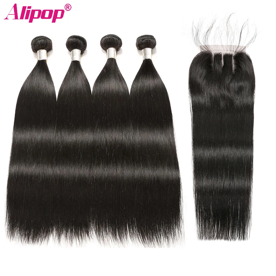 Indian Straight Bundle with closure 2 3 4 Remy Human Hair Bundles With Closures Alipop 4x4 Lace Closure With Baby Hair black  (2)