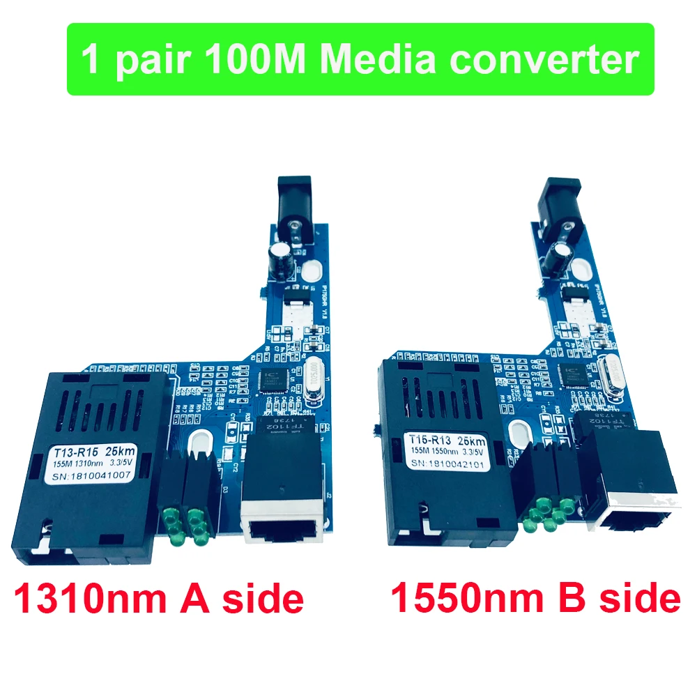 1 пара 100 м Fast Ethernet оптоволоконный медиа-конвертер трансивер переключатель наполовину доска 10/100M однорежимный одинарный волоконно SC 25 км