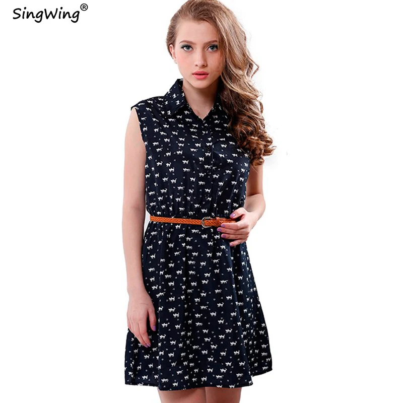 

Singwing Women summer Dresses Cat Footprints Pattern Show Thin Lady Chiffon Dresses Cat Footprints Dress With Belt High Quality
