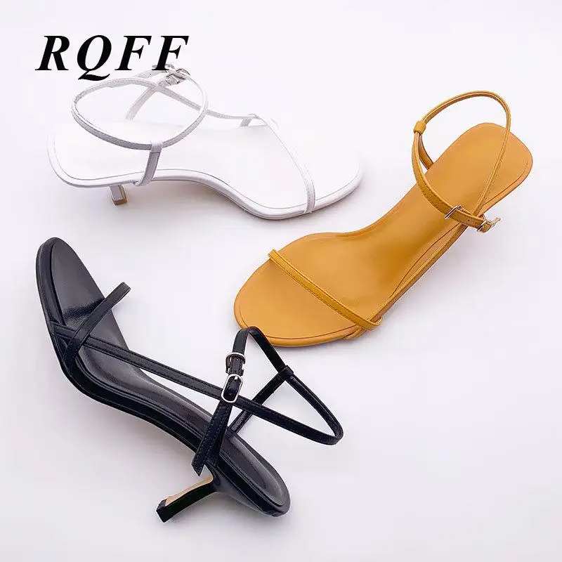 

Genuine Leather Womens Sandals Summer Women Shoe Yellow Black White Handmade Dress Ankle Strap Solid Fashion High Heels Shoes