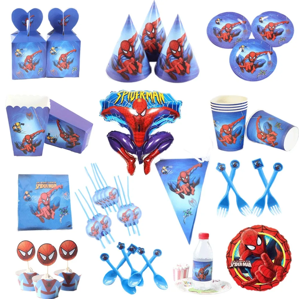 

Spiderman Theme Party Supplies Tableware Plate Napkins Cup Cartoon Birtday Party Loot bag Hat Flag Candy Box Baby Shower Favor