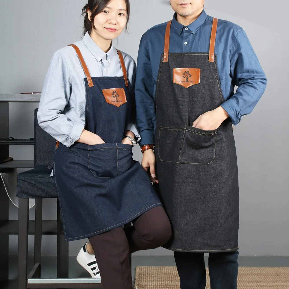 

kitchen denim apron Antifouling clean Delantal Unisex chef work pinafore sleeveless Avental Leather Haircut Barber aprons