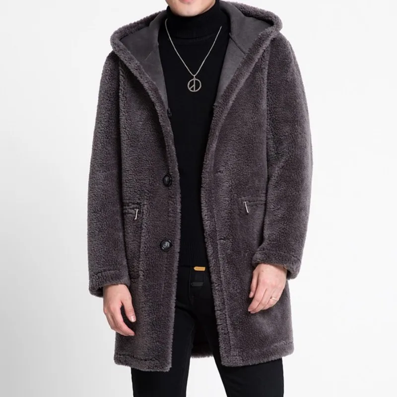 Зимняя мужская куртка с капюшоном из овчины, шерстяная подкладка, теплое пальто средней длины с натуральным мехом, приталенная Мужская замшевая куртка M-5XL