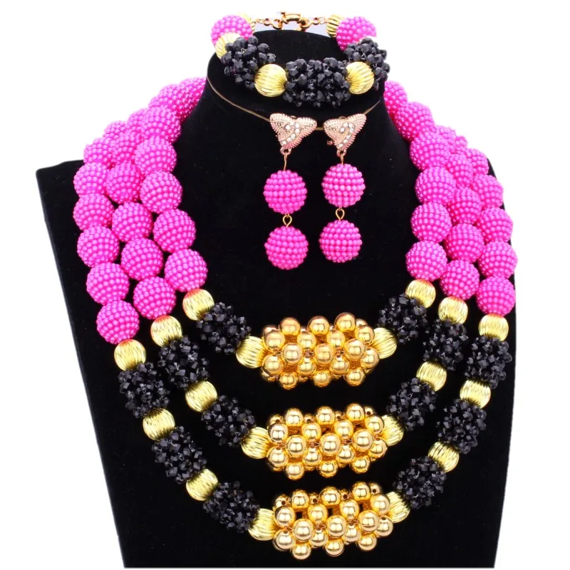 African Jewellery Sets For Women Hot Pink Black Bridal Necklace Set