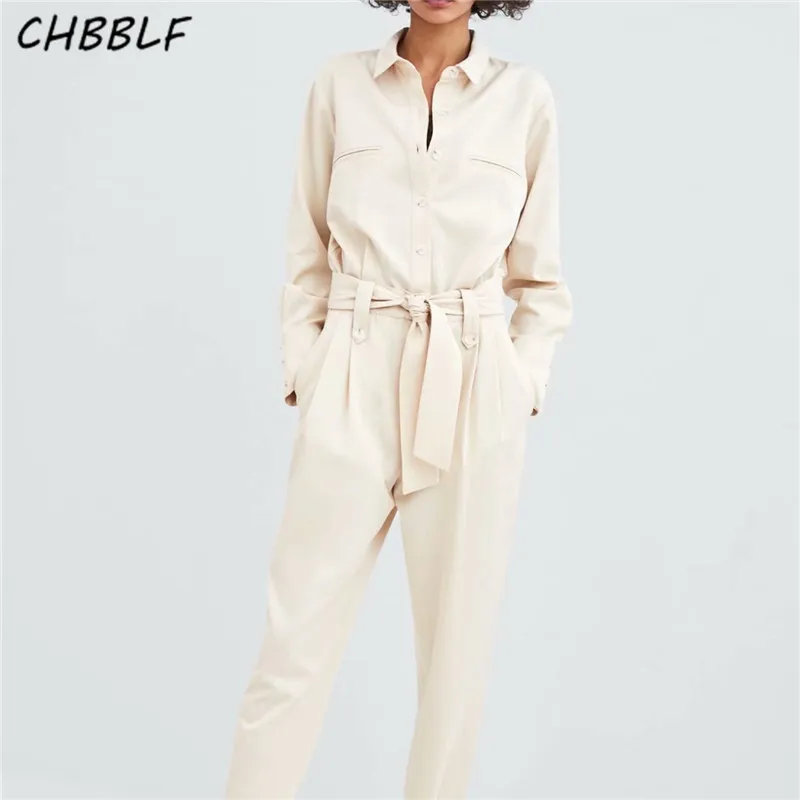 

CHBBLF women retro solid jumpsuits bow tie sashes pocket long sleeve rompers ladies long playsuit WEW5164