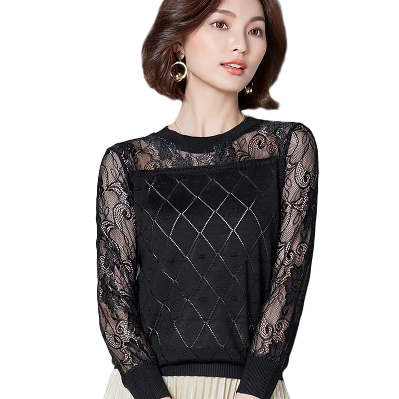 Women Sweater 2017 New Fashion Casual Spring Autumn Patchwork Lace Office Pullover Slim Knitted Sweaters Gray/Black/Wine A945 | Женская