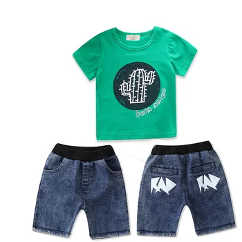 

Baby Boy Clothes Green Cotton T-shirt Denim Shorts 2pcs Boys Clothing Set Summer Kids Clothes Children Daily Outfit Size 1-5Y