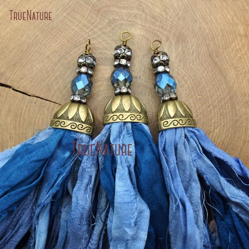 20171213-PM9150- Antique Bronze Blue Shades Sari Silk Tassel Pendant_2