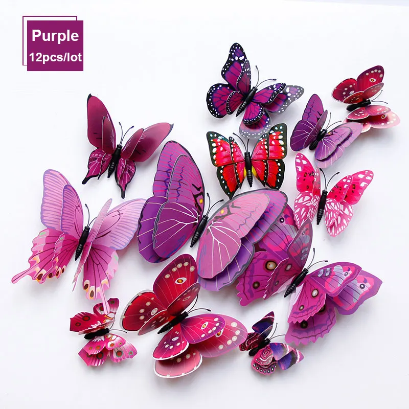 Разноцветные 3D двухслойные настенные Стикеры с бабочками для украшения дома, настенные наклейки с бабочками, вечерние наклейки для гостиной, спальни - Цвет: purple