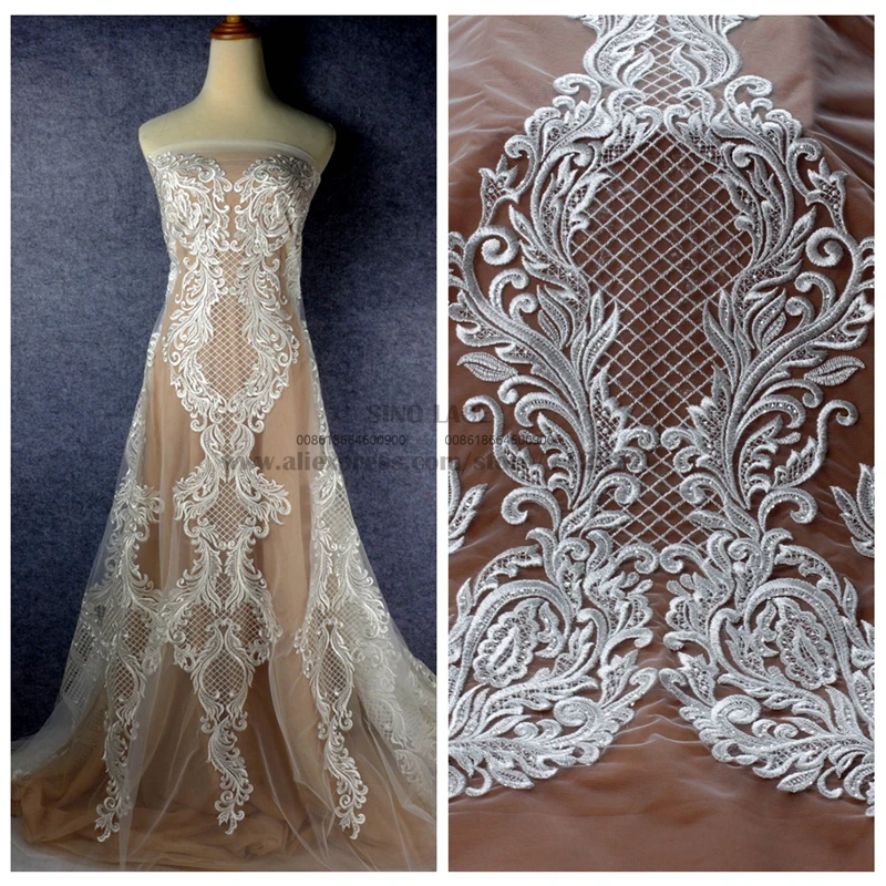 

1 yard Hight quality Hot bridal gown lace fabric off white rayon clear sequins on net embroidery large pattern 51'' width SN1706