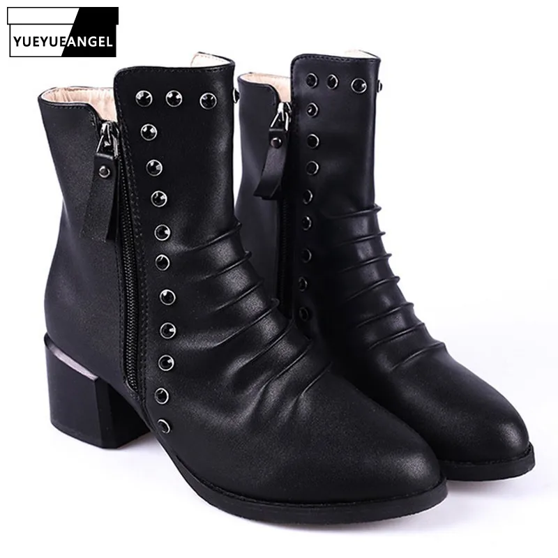 

European Fashion Plus Size 41 Ladies Block Heels Zip Rivet Ankle Shoes Winter Pointed Toe Women Fleeces Boots High Heels Booties