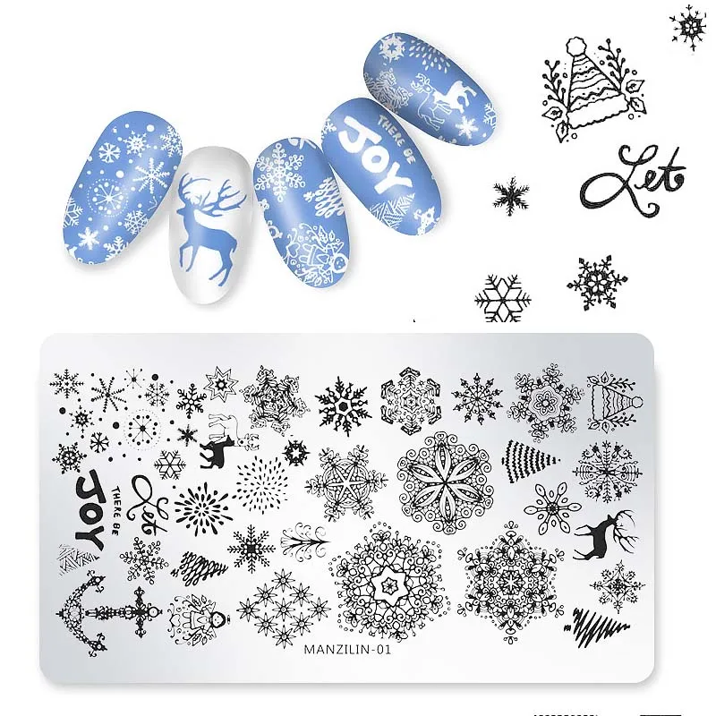 

1PC Christmas Rectangle Nail Stamping Template Snowflakes Santa Claus Winter Nail Art Stencil Stamp Decoration Tools