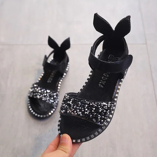 SLYXSH/ г.; Лидер продаж; сандалии для девочек; модная блестящая обувь со стразами для девочек; детские сандалии на плоской подошве с кроличьими ушками - Цвет: Черный