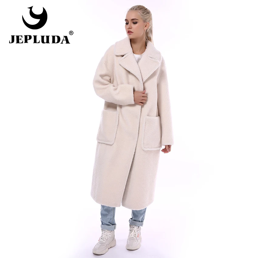 

JEPLUDA New High Quality 100% Natural Wool Blends Coat Women Winter Warm Suit Collar Long Real Fur Coat Women's Real Fur Jacket