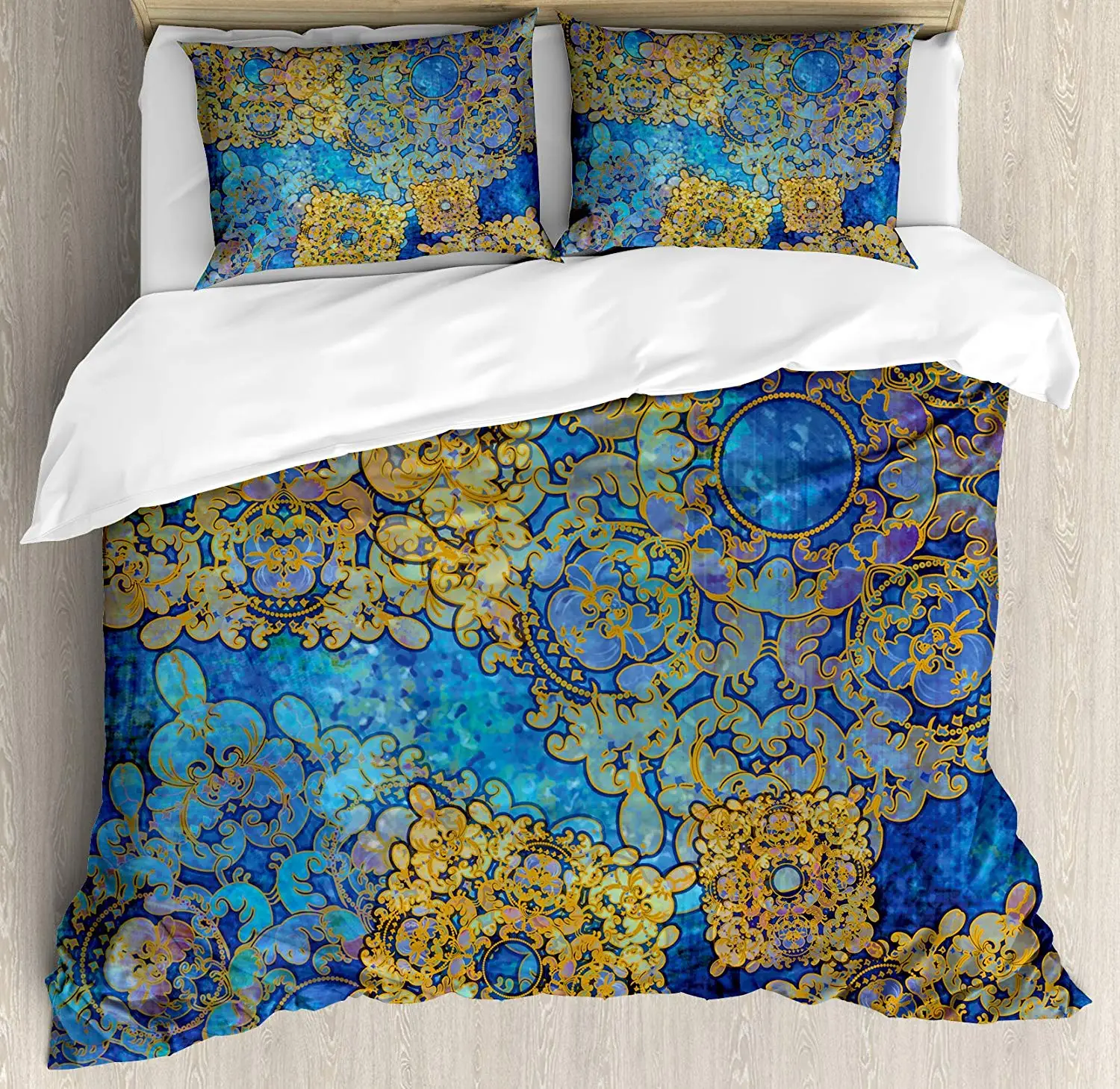 

Ethnic Duvet Cover Set Traditional Persian Moroccan Effects Exotic Style Boho Design Bedding Set King Size Light Coffee Blue
