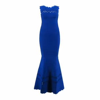 

Luxury Women Sexy O Neck Floor Length Blue Long Fishtail Trumpet Rayon Bandage Dress 2017 Knitted Elegant Maxi Party Dress