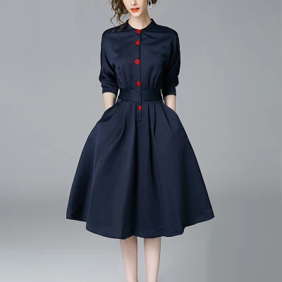 

2019 spring new dress female fashion seven-point sleeve a word waist was thin professional OL temperament long women dress A18