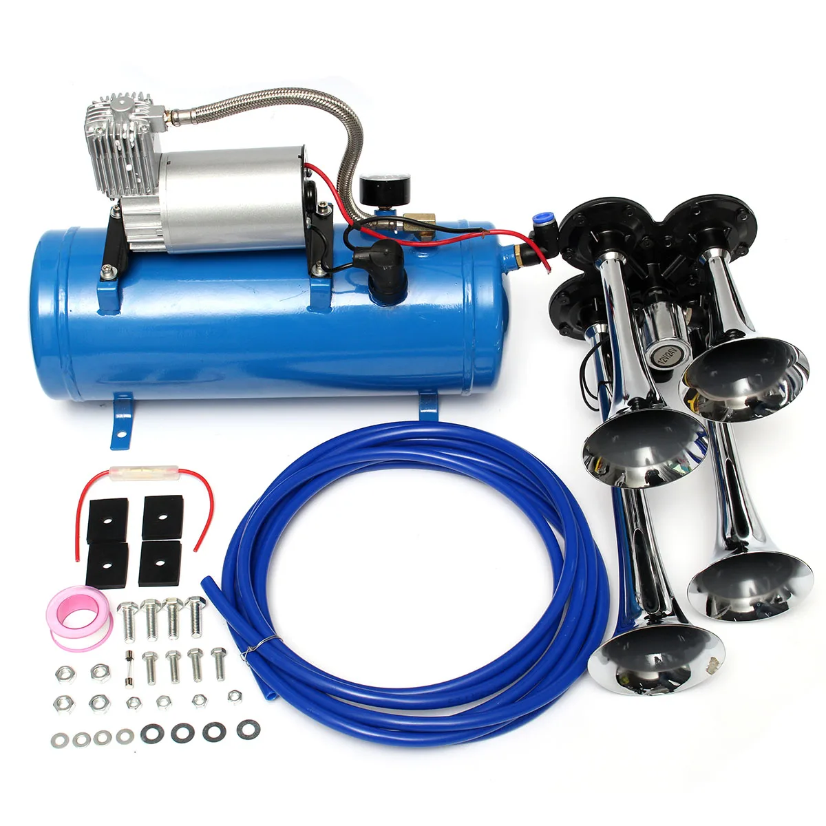 

4 Trumpet Vehicle Air Horn 12V Compressor Tubing 150 dB Train 120 PSI Kit 6L