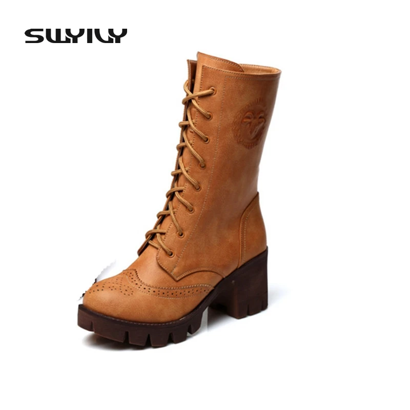 Genuine Leather Women Boots Thick Cotton High-Heeled Boots Female Single Shoes Lace Up Motorcycle Boots In Tube Plus Size 40