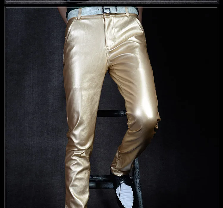 Осенние Новые 2018 золотые серебряные черные Панк кожаные штаны мужские модные для ночного клуба шоу выступления ПУ узкие брюки из