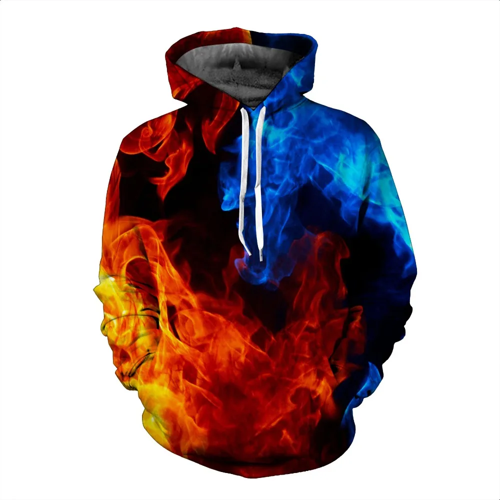 

2019 aliexpress hot style couple's two-color red and blue flame digital printed hoodie baseball suit couple's hoodie