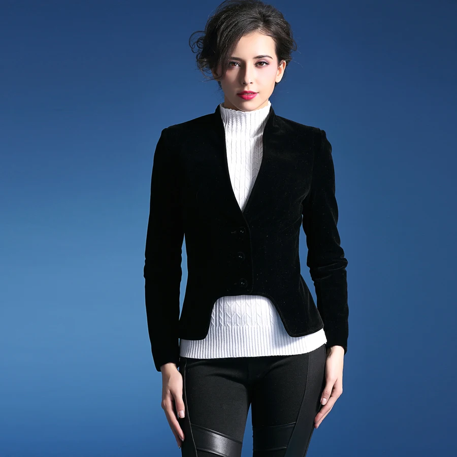 Fashion Women Black Velvet Coats Long Sleeve Vintage Lady Slim Solid