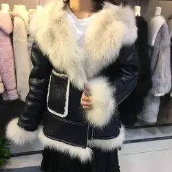 Женское пальто из натуральной кожи и меха с капюшоном 100% gennuine овчина овечий мех Толстая теплая Модная женская верхняя одежда с воротником