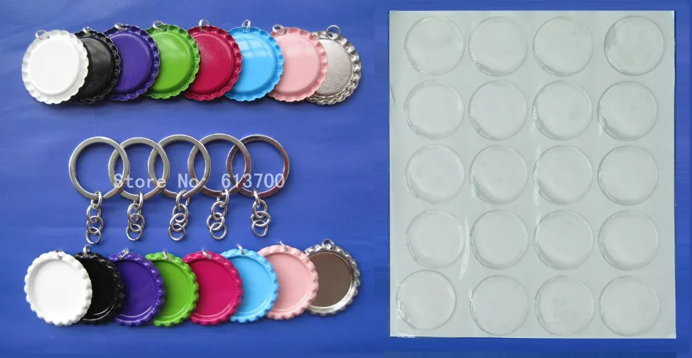 

1500 Pcs Colored Flattened Bottle caps With Holes & rings +1500 pcs Key Chains+1500 pcs 1'' Clear Epoxy Dome For Jewelry Craft