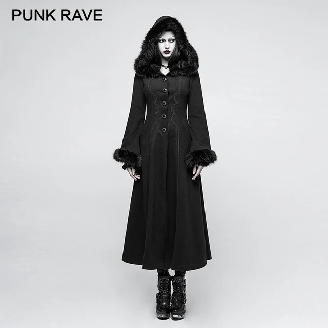 Punk Rave 2017 New Designs Gothic Winter Coat Women Black Disc Flowers Long Worsted Hood Female Punk Rave 2017 New Designs Gothic Winter Coat Women Black Disc Flowers Long Worsted Hood Female