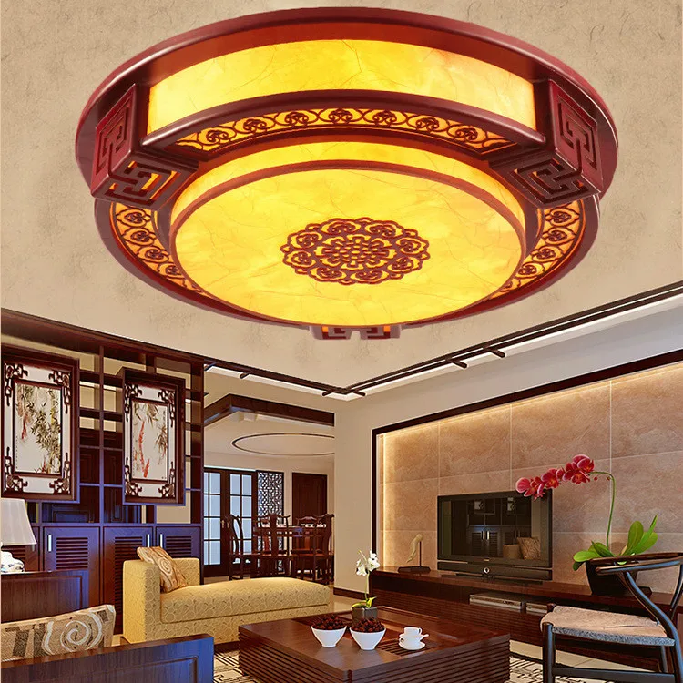 Vintage Chinese bedroom hollow red wood led ceiling lamp circular imitation sheepskin antique restaurant decoration lighting